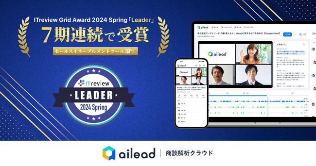 商談解析クラウド ailead（エーアイリード） ITreview Grid Award 2024 Spring のセールスイネーブルメント・SFA部門にて『Leader』を受賞