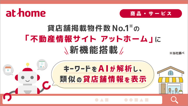 貸店舗掲載物件数No.1※の「不動産情報サイト アットホーム」キーワードをAIが解析し、類似の貸店舗情報を表示する機能を搭載