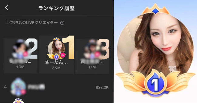 RainbowLIVE所属さーたん、TikTok LIVE日間ランキング1位を獲得！A1リーグ1位！殿堂入りも！
