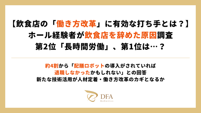 【飲食店の「働き方改革」に有効な打ち手とは？】ホール経験者が飲食店を辞めた原因調査第2位「長時間労働」、第1位は…？