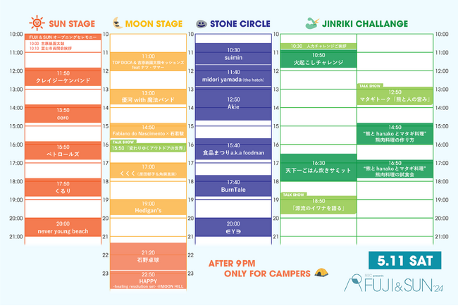 眼前に迫る富士山が圧巻のキャンプインフェス「FUJI & SUN ‘24」開催目前！タイムテーブルを公開！全32組のアーティストとお届けする濃密な2日間、いざ心躍る冒険の旅へ