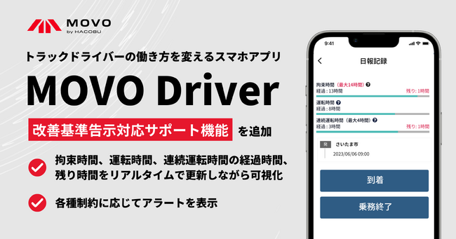 トラックドライバーの働き方を変えるスマホアプリ「MOVO Driver」、「改善基準告示対応サポート」機能を実装