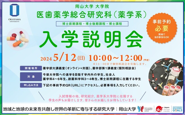 【岡山大学】岡山大学大学院医歯薬学総合研究科（薬学系）入学説明会 （博士前期課程・博士後期課程・博士課程）〔5/12,日 ハイブリッド開催〕