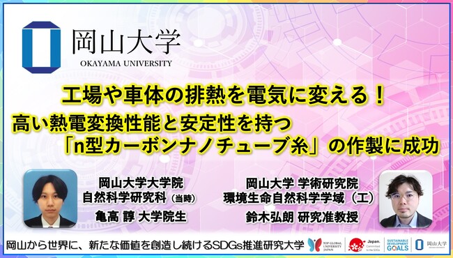 【岡山大学】工場や車体の排熱を電気に変える！ 高い熱電変換性能と安定性を持つ「n型カーボンナノチューブ糸」の作製に成功