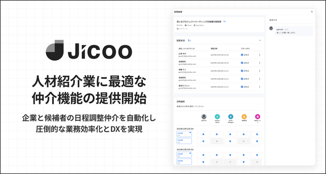 Jicoo（ジクー）、人材紹介業に最適な日程調整の仲介機能の提供開始。企業と採用候補者の調整自動化で仲介業務を大幅削減