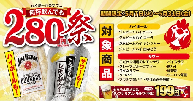 【三代目　鳥メロ】ゴールデンウィーク後はお財布にうれしい鳥メロで！対象ドリンク13種類が何杯飲んでも1杯280円（税込30８円）「２８０円祭」を開催！！
