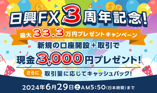 日興FX3周年記念 最大33.3万円プレゼントキャンペーン開始のお知らせ