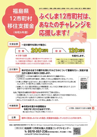 福島県が「福島県１２市町村移住支援金」を募集中！