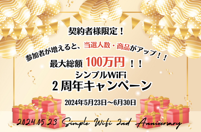 シンプルWiFiが２周年を迎えました！！感謝を込めて、参加者が増えると当選人数・商品が豪華になる「最大100万円！！シンプルWiFi２周年記念キャンペーン」を開催！