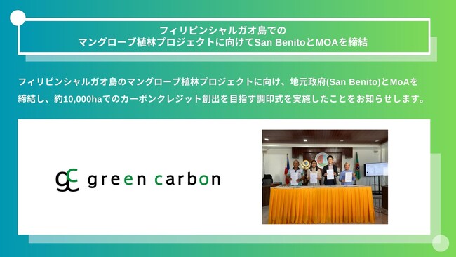 Green Carbon株式会社は、フィリピンシャルガオ島でのマングローブ植林プロジェクトに向けてSan BenitoとMOAを締結