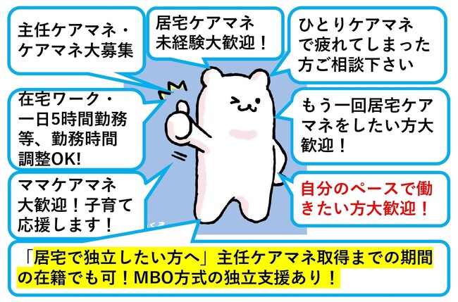 「自分のペースで働きたいケアマネさん」「子育てママケアマネ支援」「居宅介護支援事業所統合で事業所加算取得」「件数を減らして、ケアマネを継続したい