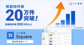 【いい生活Square】掲載物件数20万件突破! 不動産市場の業務効率と業務標準化を促進 ~いい生活Square登録物件数は500万件以上に~ 【いい生活Square】掲載物件数20万件突破! 不動産市場の業務効率と業務標準化を促進 ~いい生活Square登録物件数は500万件以上に~