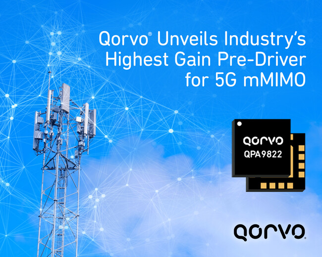 Qorvo(R)、業界最高クラスの利得を有する5G Massive（マッシブ）-MIMO用プリドライバアンプ「QPA9822」を発表