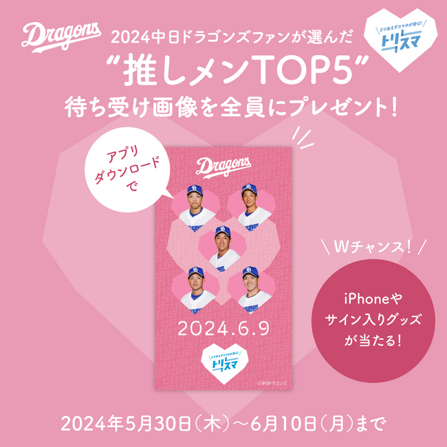 トリスマアプリダウンロードで、中日ドラゴンズ選手の“推しメン”待ち受け画像が無料で貰えるキャンペーン！サイン入りグッズや中古iPhoneが当たるWチャンスも同時開催