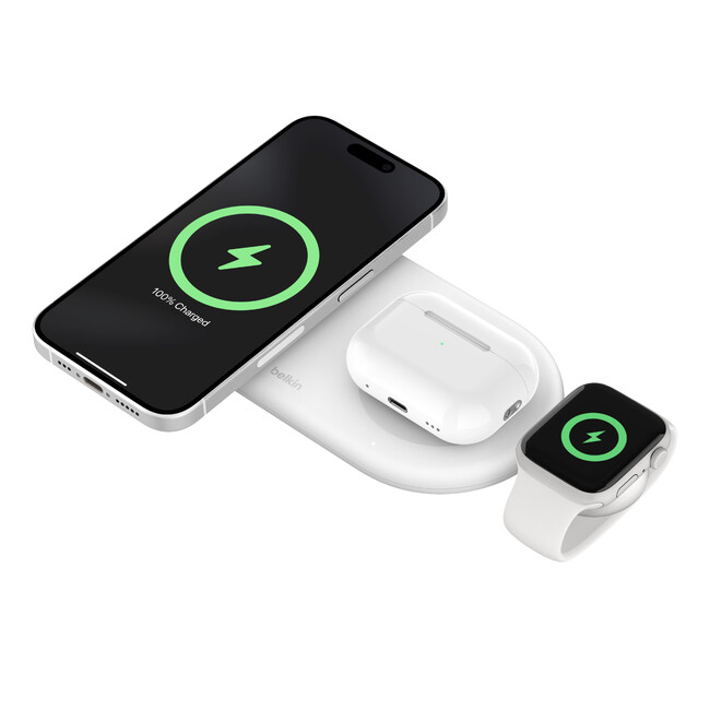【Belkin】脱着式Apple Watch急速充電ドングル付き！3台同時充電可能な「Qi2」充電器Belkin Qi2 3-in-1ワイヤレス充電パッドが発売開始！