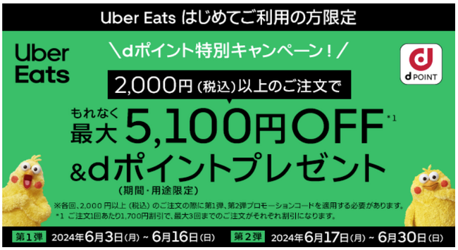 Uber Eatsで「dポイント特別キャンペーン」を開催