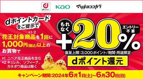 マツモトキヨシ・ココカラファインにおいて「花王対象商品でもれなく＋20％dポイント還元キャンペーン」を開催