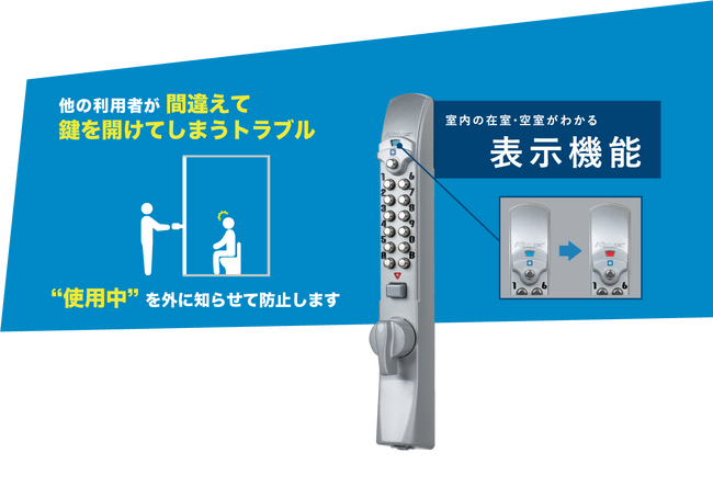 インバウンドの増加に伴う、観光客によるトイレの無断使用トラブルを解決できるボタン錠“キーレックス”に、新しく引き戸用の表示錠が追加。6月3日より発売開始