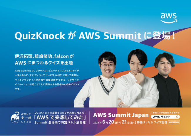 6月20日・21日開催の「AWS Summit Japan」に伊沢拓司・鶴崎修功・falconが登壇！　6月2日（日）から掲載される山手線ジャック広告内にもQuizKnockが登場！