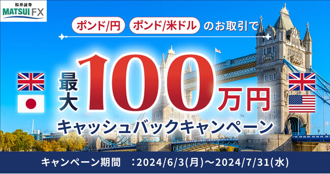 【松井証券 FX】 ポンド/円・ポンド/米ドルの新規取引で最大100万円キャッシュバック！オトクなFXキャンペーンを6月3日より実施！