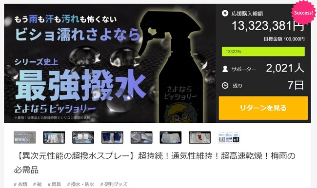 『Makuake』内総合ランキング《第１位》を獲得！プロ仕様の撥水力を実現した異次元性能の超撥水スプレーさよならシリーズ新商品「さよならビッショリ―」