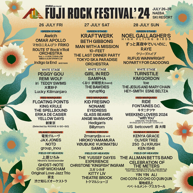 FUJI ROCK FESTIVAL'24｜ラインナップ第8弾！5年ぶりにBLUE GALAXY復活、フジロックの名物ステージも出演日別で発表。さらに6月最後の週末は八重洲でプレイベントの開催も決定！