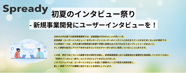 Spready株式会社 新規事業開発のプロセスにおけるユーザーインタビューの重要性を広めるプロジェクト【初夏のインタビュー祭り】を開催