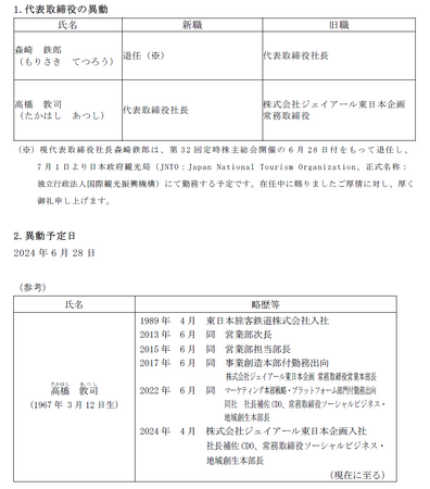 (株)JR東日本びゅうツーリズム＆セールス 代表取締役の異動に関するお知らせ