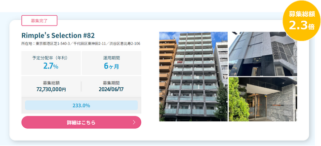 プロパティエージェントの展開する不動産クラウドファンディング　Rimple’s Selection#82募集総額233.0％の1.69億円の応募