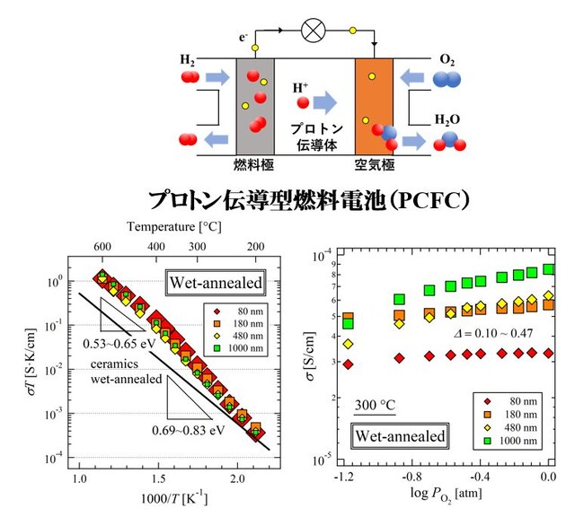中温域で作動する固体酸化物燃料電池のアノード電極材料として応用可能なBaCe0.4Pr0.4Y0.2O3-δ薄膜を開発 ～電極表面での正孔とプロトンの混合伝導性により優れた性能を発揮～