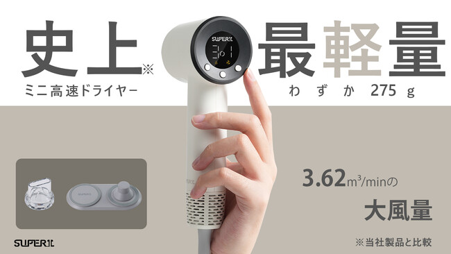 ヘアドライヤーの新常識。大風量×超軽量275ｇ！サロン仕上げでうるツヤ髪。ミニ高速ドライヤーSupwerπ