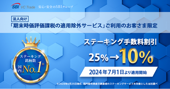 法人向け「期末時価評価課税の適用除外サービス」ご利用のお客さま限定ステーキング手数料割引(25％→10％)のご案内