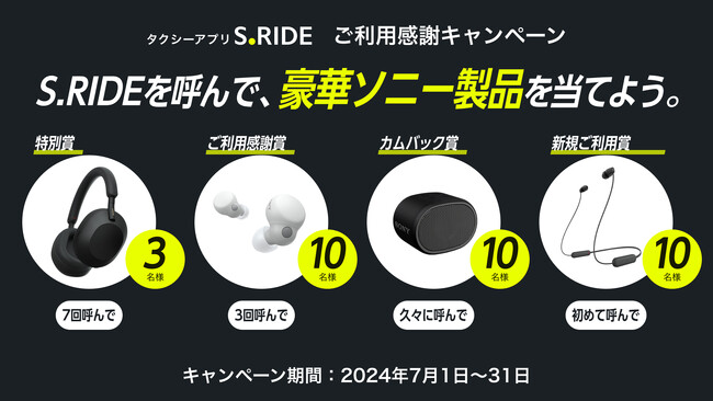タクシーアプリ「S.RIDE(R)」ご利用感謝キャンペーンを実施「S.RIDE」でタクシーを呼んで豪華ソニー製品が抽選で当たる！