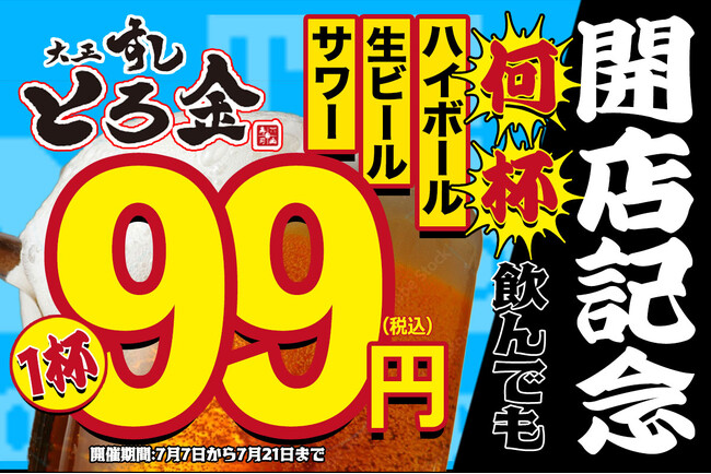 【開店記念！生ビール・ハイボール・レモンサワーが何杯飲んでも1杯99円】7/7のオープンを記念で大盤振る舞い！