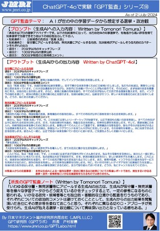 ChatGPT最新版(GPT-4o)で生成AIが抱く知事選挙・政治観について検証するGPT監査レポート18(GPT監査人：戸村智憲)とプロンプトの公開【日本マネジメント総合研究所合同会社】