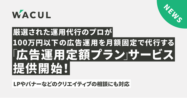 デジタル広告の業界の常識をひっくり返す。厳選された運用代行のプロが100万円以下の広告運用を月額固定で代行する『広告運用定額プラン』サービス提供開始！LPやバナーなどのクリエイティブの相談にも対応