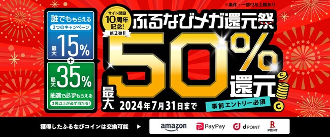 ふるさと納税サイト史上最大級！最大50％分の「ふるなびコイン」が還元されるサイト開設10周年記念キャンペーンの第2弾を開始！