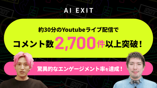 AI EXITがYouTubeライブ配信にて、“約30分でコメント数2,700件”以上突破！驚異的なエンゲージメント率を達成。EXIT本人の稼働なしで売上実績も。
