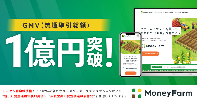 トークン化金銭債権のマーケットプレイス「Money Farm」がGMV（流通取引総額）100,000,000円を突破