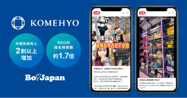 コメ兵がRED（小紅書）施策として、BoJapanを活用したKOC内覧会と広告出稿を実施！広告出稿中の複数月において、中国免税売上が施策実施前の2割以上増加
