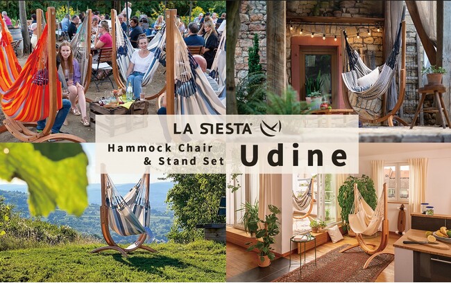 美しい木製スタンドとチェアのセット「Udine（ウディネ）」がついにデビュー !　 サスティナブルなハンモック「ラシエスタ」から日本家屋にもぴったりなサイズの自立式ハンモックチェアが登場
