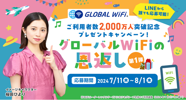 「グローバルWiFi(R)」延べ利用者数2,000万人突破を記念して50万円分の旅行券などの豪華景品が当たるプレゼントキャンペーンを実施します