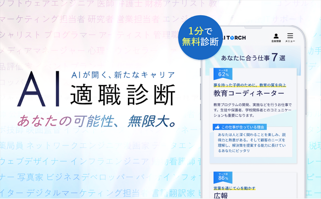 AIがあなたの可能性を広げ、見つける新たなキャリアパス。転職活動や新しいキャリアの選択を支援するサービス『ミライトーチ』より新機能『AI適職診断』登場！