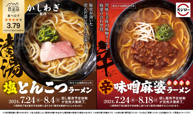 「スシロー×食べログ」全国名店監修シリーズ！6年連続「食べログ 百名店」選出「かしわぎ」監修「塩とんこつラーメン」と暑い夏こそ食べたい、ガツンと辛い「辛味噌麻婆ラーメン」が登場！