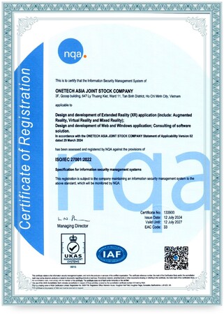 XR AWS開発会社の株式会社One Technology Japanの開発拠点、ONETECH ASIA JSCがISO IEC 27001 2022認証を取得しシステムの安定稼働と安全性を確保