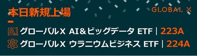 Global X Japan 株式会社 　「グローバルX AI＆ビッグデータETF」（ 223A）と 「グローバルX ウラニウムビジネスETF」（ 224A）を 東京証券取引所に新規上場