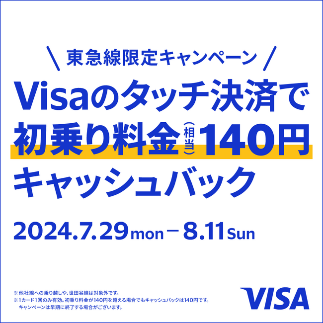東急線限定!Visaのタッチ決済で乗車すると初乗り料金(相当)140円キャッシュバック!