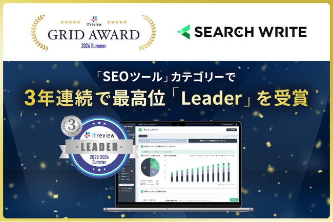 SEOツール「SEARCH WRITE」が「ITreview Grid Award 2024 Summer」で3年連続最高位「Leader」を受賞、殿堂入りを達成