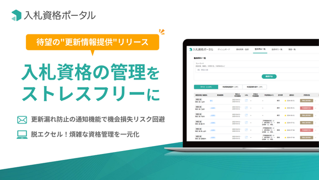 取得困難な「入札参加資格の更新申請受付情報」をお知らせ　入札参加機会ロスを防止し、入札資格の管理をストレスフリーに