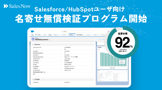 業界最大級の企業データベース「SalesNow」がSalesforce/HubSpotユーザ向けに『名寄せ無償検証プログラム』の提供開始。